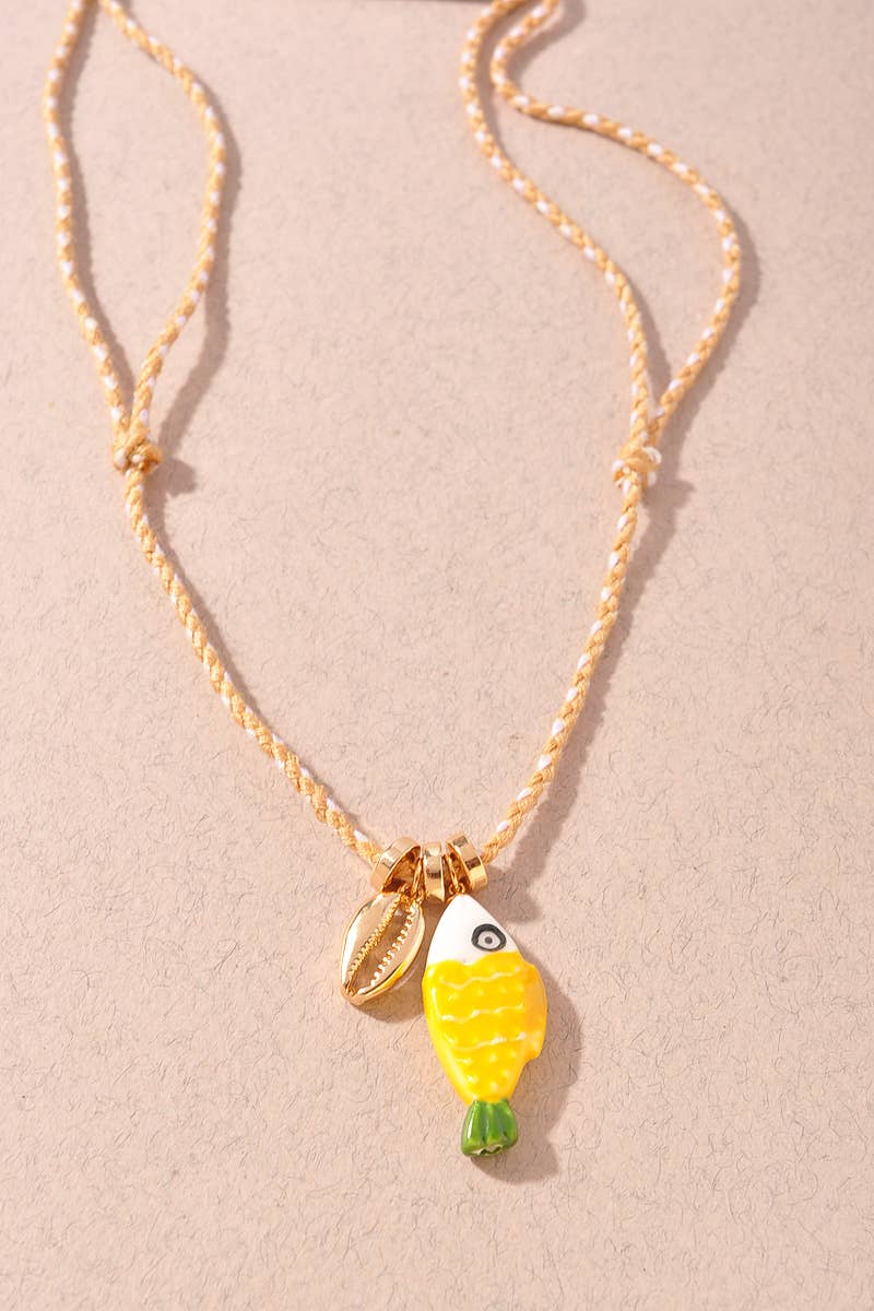 Colorful Fish Charm Cord Necklace: Yellow