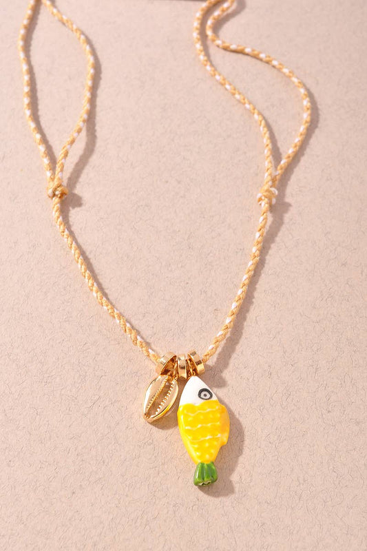 Colorful Fish Charm Cord Necklace: Yellow