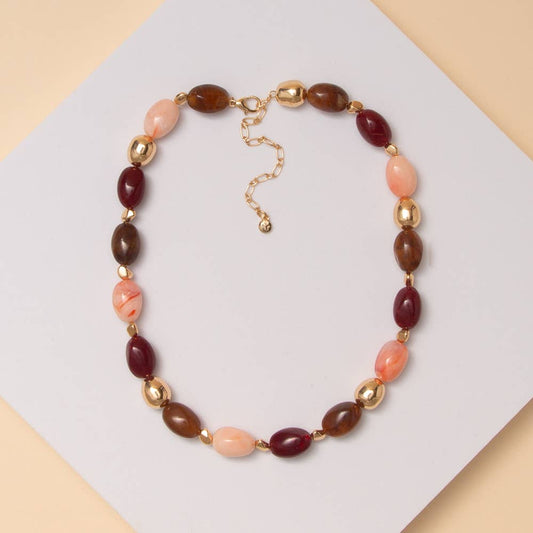 Marbled Finish Multicolor Oval Stone Bead Necklace: Wine
