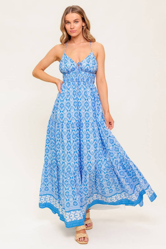 A Printed Woven Maxi Dress: Blue / Contemporary