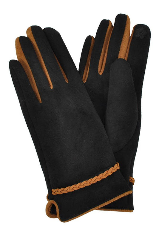 Braided Band Trim Suede Smart Winter Gloves: Black