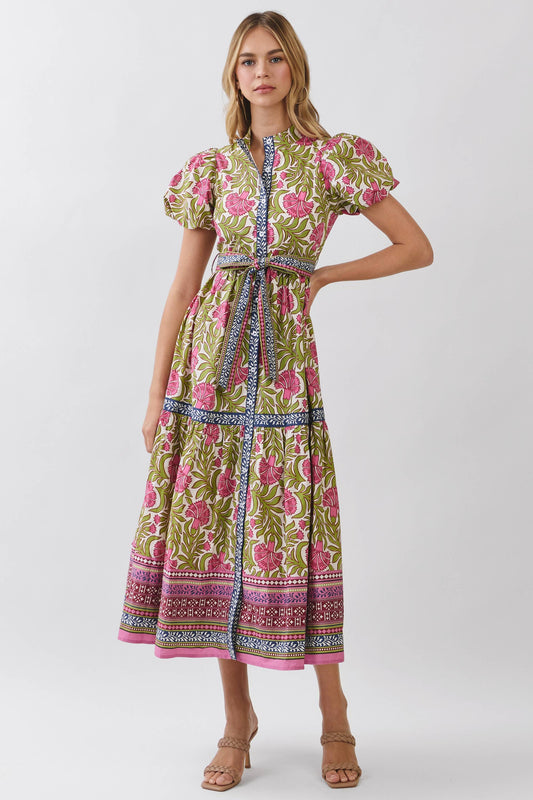 Floral Border Print Tie Waist Maxi Dress