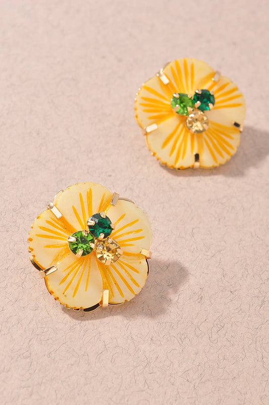 RESIN FLORAL STATEMENT STUD EARRINGS: Yellow