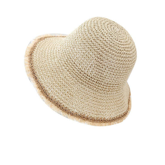 Fashion Wide Brimmed Woven Straw Bucket Hat: Beige