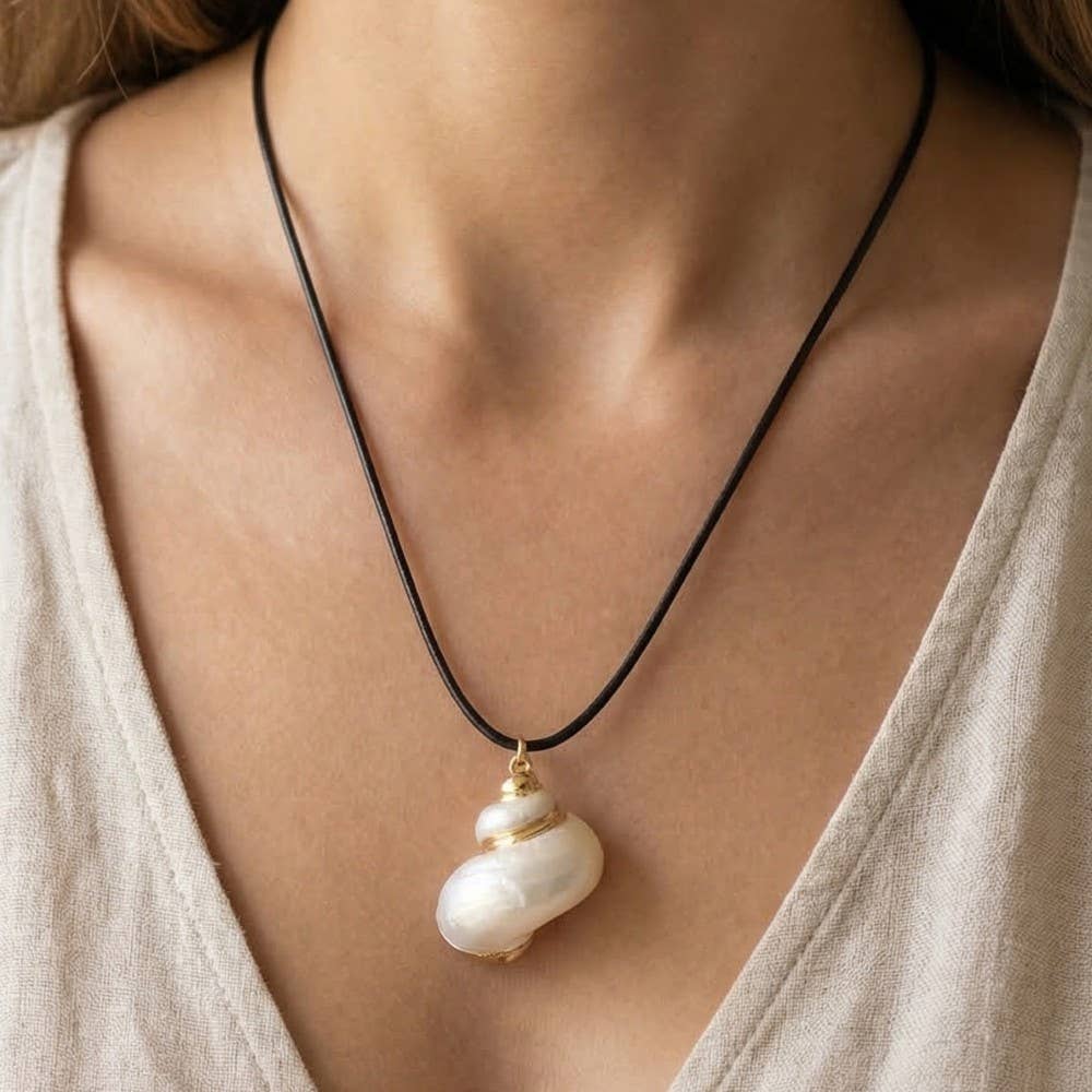 Metallic Accent Pearly Sea Snail Shell Pendant Cord Necklace: G
