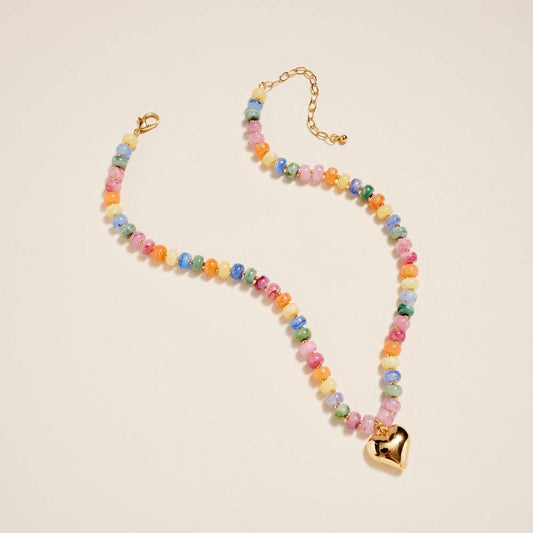 17 In Marbled Beaded Puffy Heart Pendant Necklace: Multi