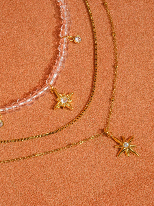 Jomar 18K Non-Tarnish Layered Star Beaded Necklace: Yellow Gold