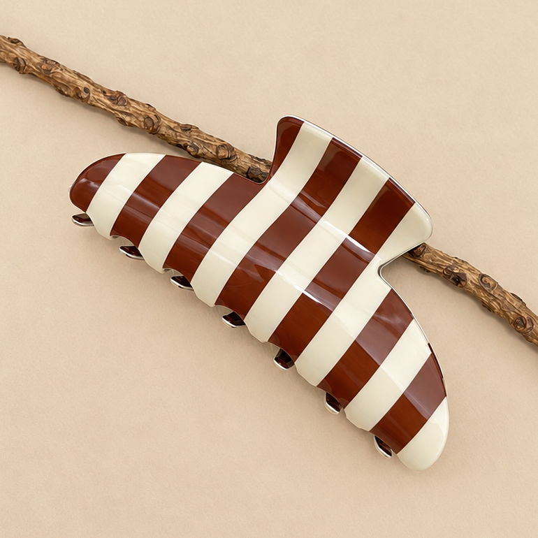 Retro Polka Dot Hair Claw - Glossy Spotted French | Stripe Brown