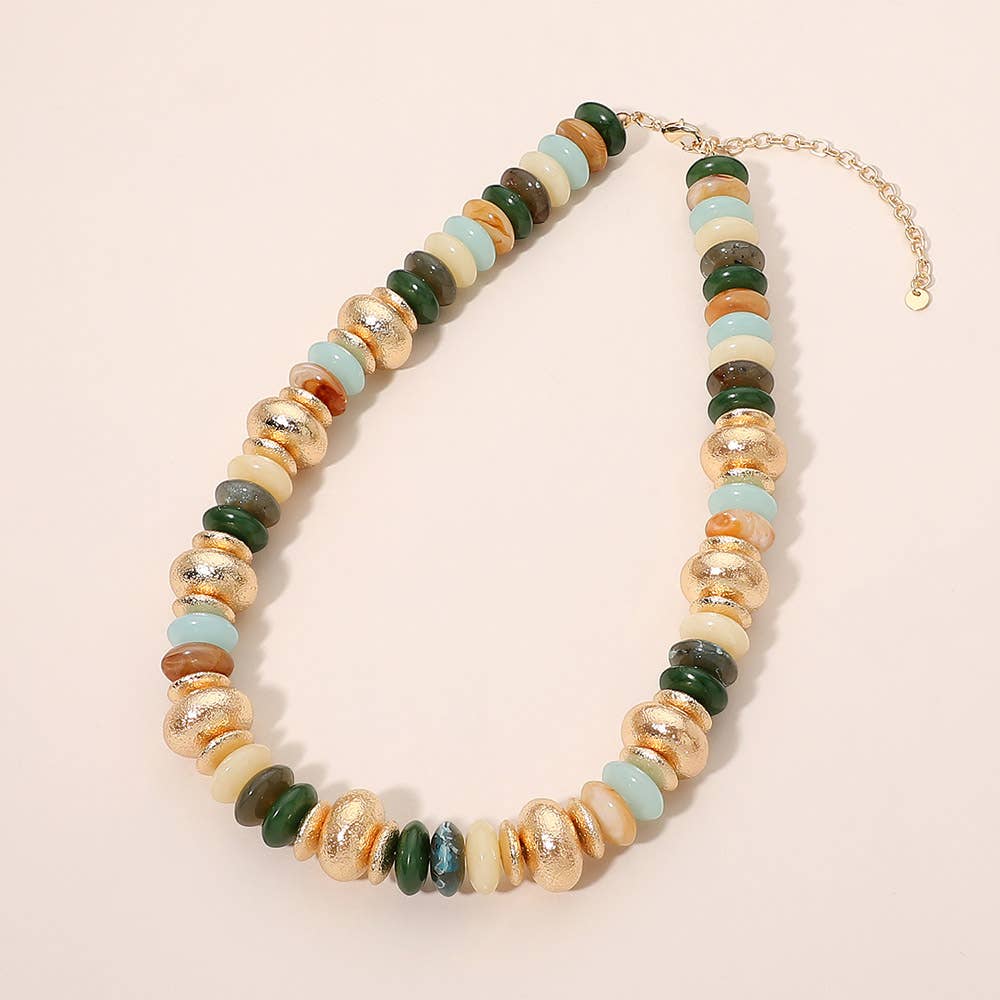 Chunky Mixed Disc Beaded Necklace: Gold,Multi,Olive Green