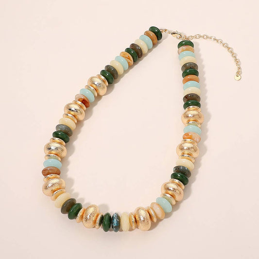 Chunky Mixed Disc Beaded Necklace: Gold,Multi,Olive Green