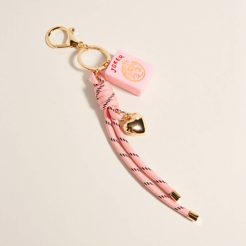 Mahjong Tile Heart Charm Knot Strap Drop Keychain Bag Charm: Pink