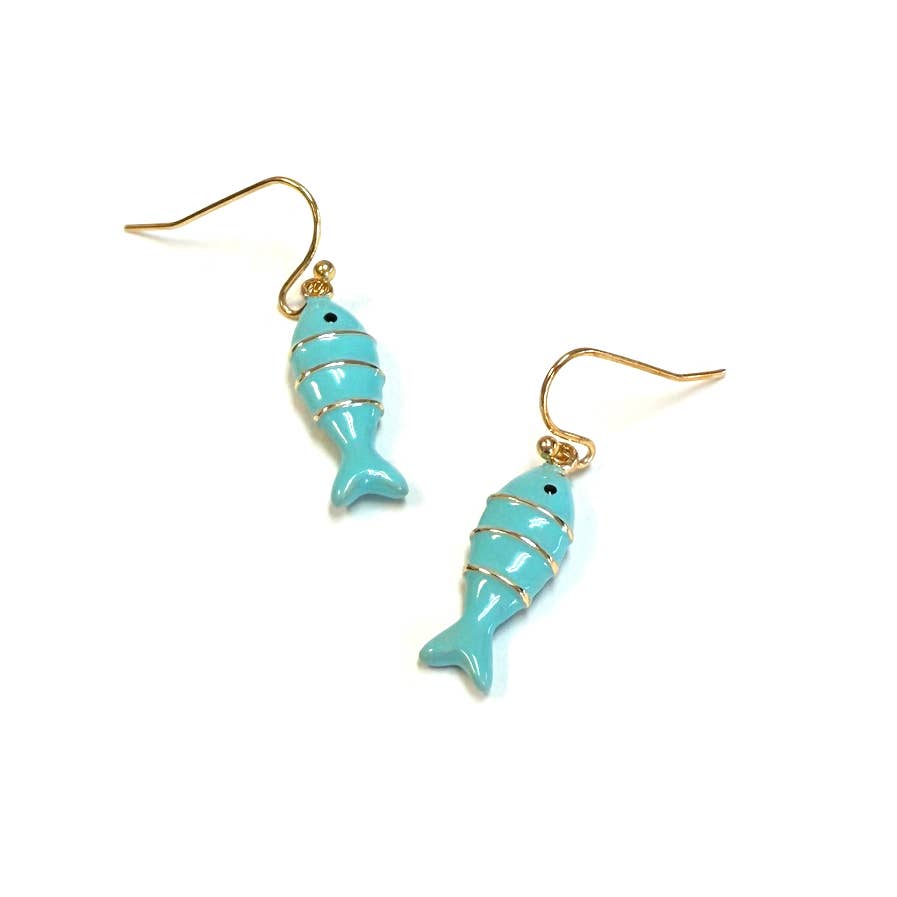 Color Enamel with Gold Lined sardine fish dangle earrings: Turquoise