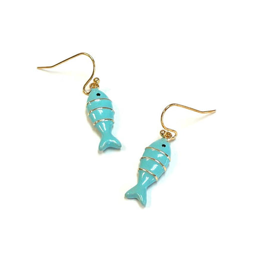 Color Enamel with Gold Lined sardine fish dangle earrings: Turquoise