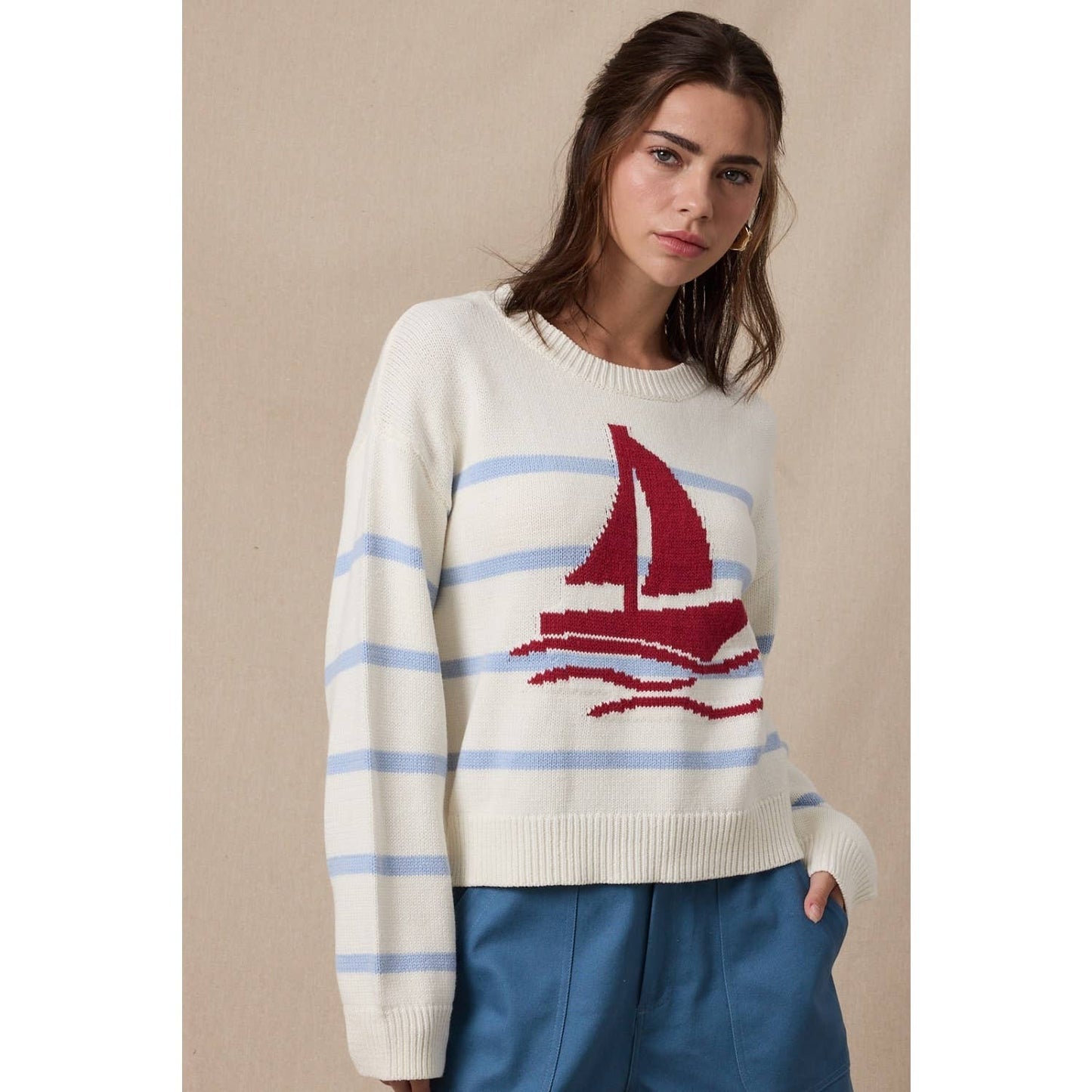 Sailboat Striped Sweater / Off White/Sky