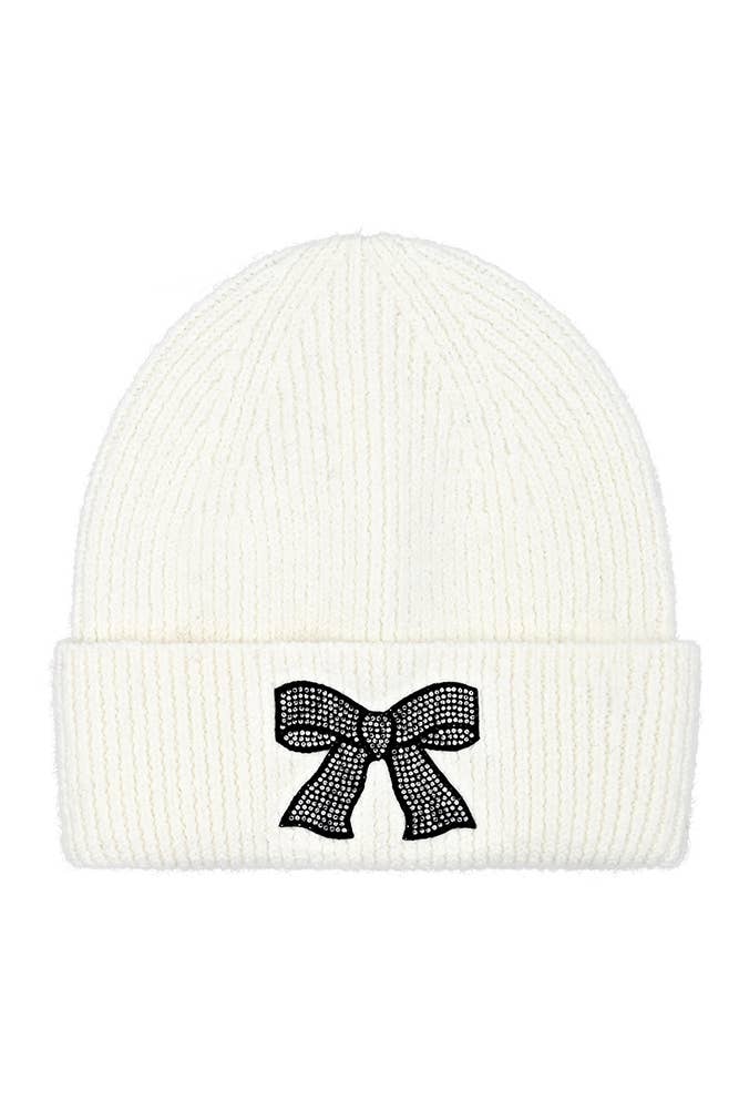 C.C Rhinestone Ribbon Embellishment Beanie: Ivory