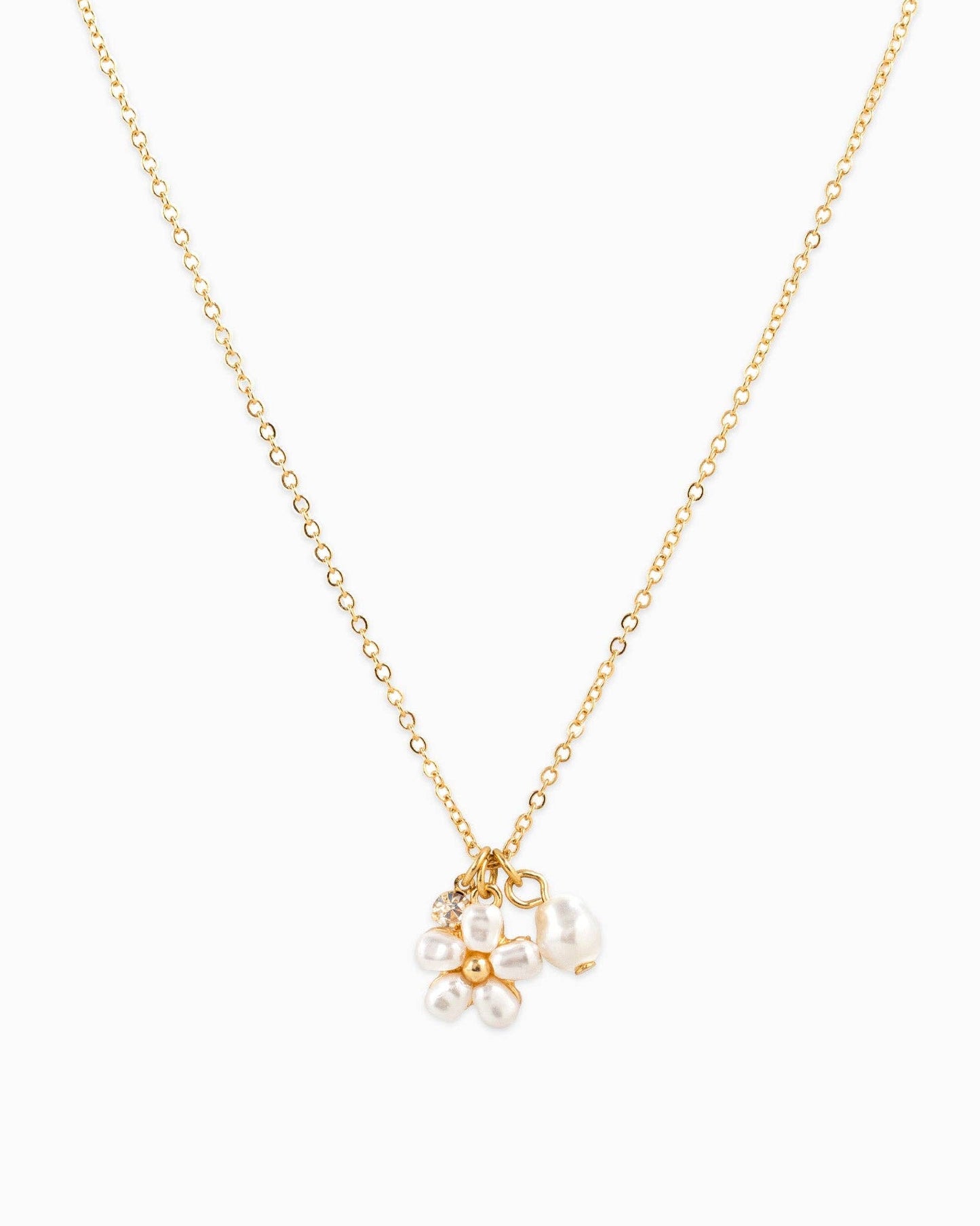 Dainty Stone & Pearl Flower Charm Necklace: Gold