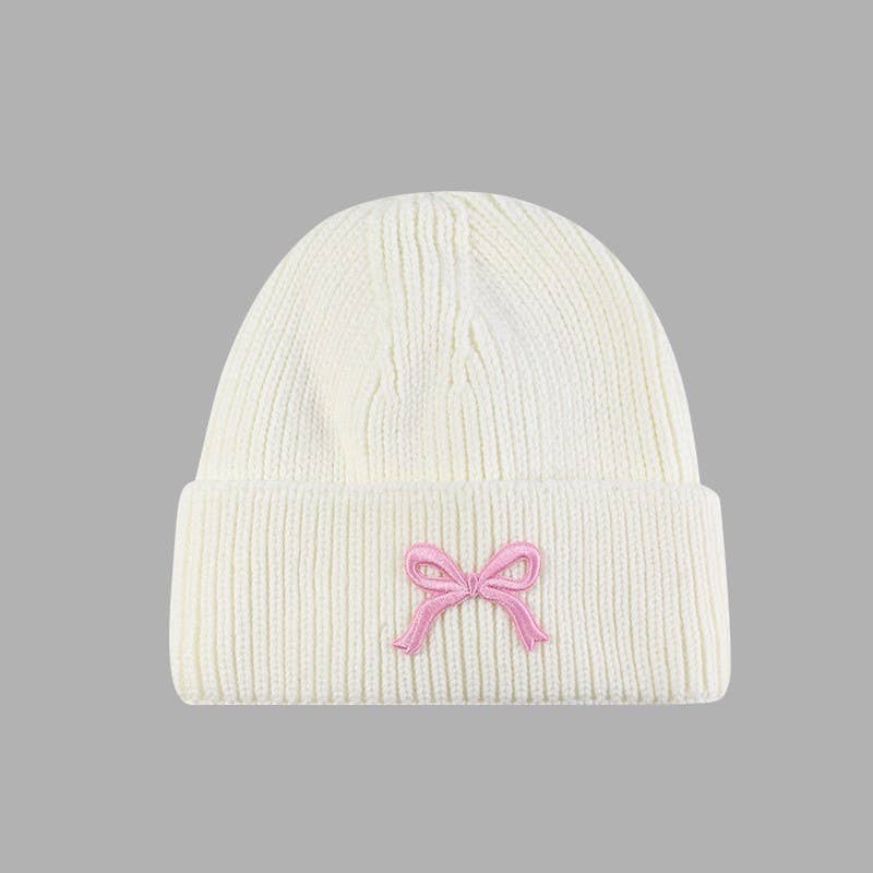 Soft Ribbed Knit Bow Accent Beanies Hat | Off White