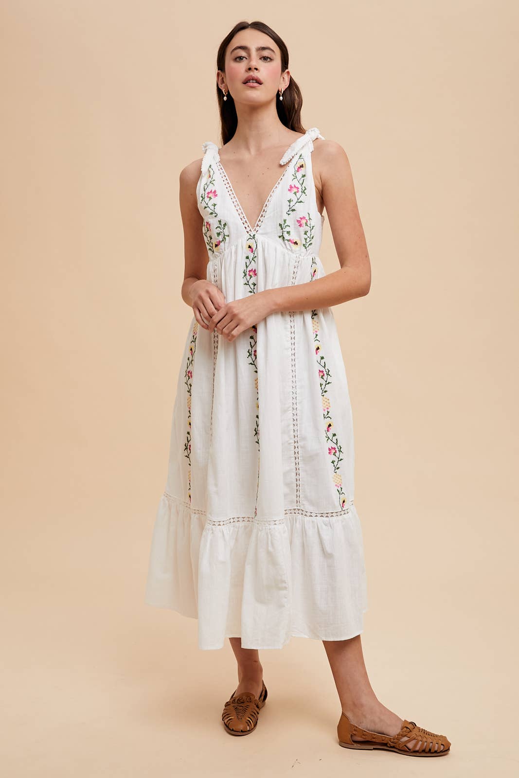 Embroidered Cotton Summer Dress: Off White