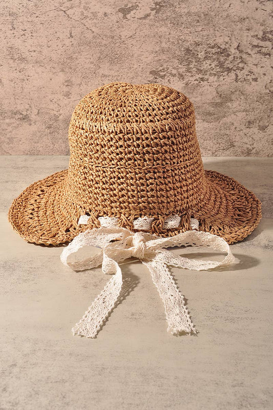 Straw Open Weave Wide Brim Bucket Sun Hat: Mocha