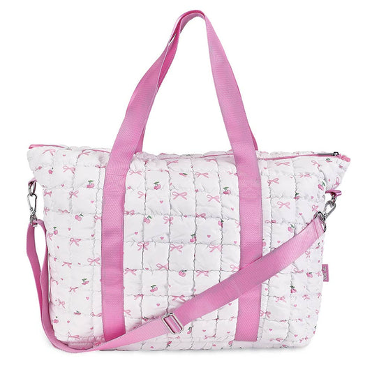 White Scrunchie Puffer Tote with Cherry and Bow Pattern