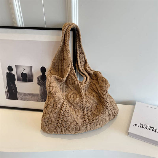 Crochet Tote Bag Hand-Woven Wool Bag: Tan