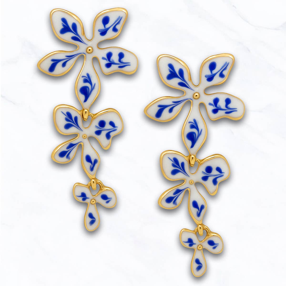 Floral Enamel Drop Earrings: Gold / Blue