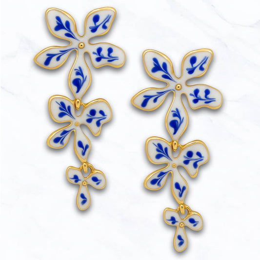 Floral Enamel Drop Earrings: Gold / Blue