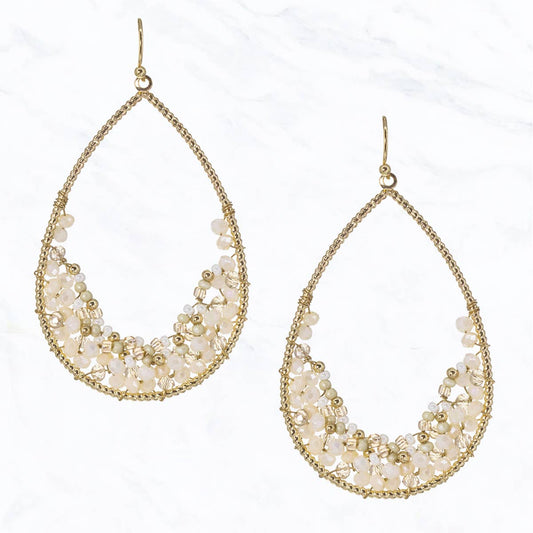 Tiny Glass Bead Wire Teardrop Earrings: Ivory