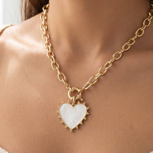 Mother Of Pearl Heart Pendant Chunky Gold Chain Necklace: GD
