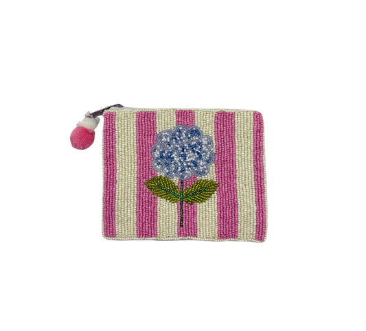 Pink & White Striped Hydrangea  Beaded Coin Pouch