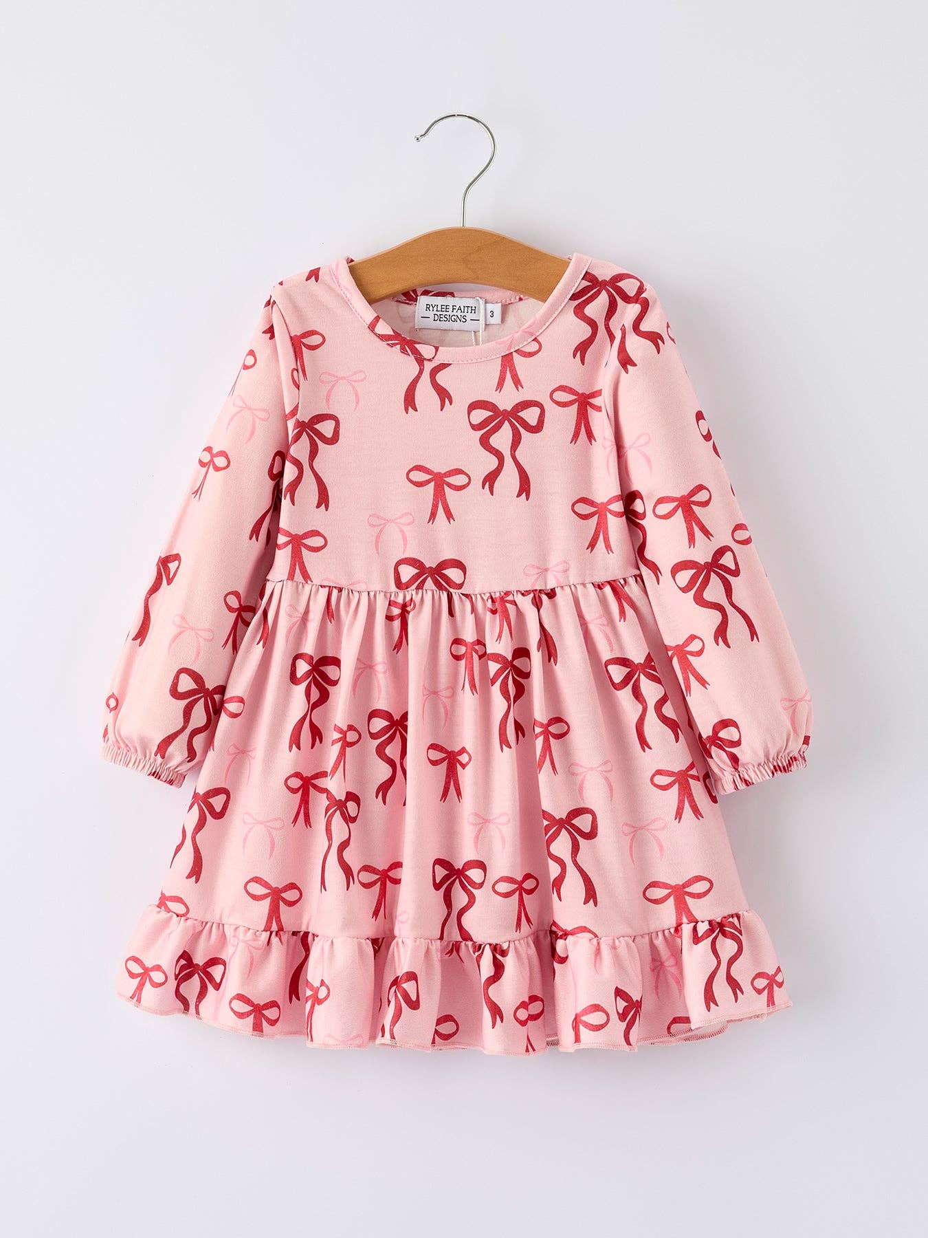 Pink Bow Print Girls Dress with Ruffle Hem