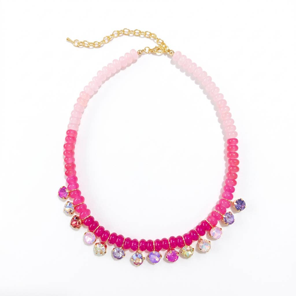 Boho Rondelle Beaded Rhinestone Choker Necklace: Rose / M