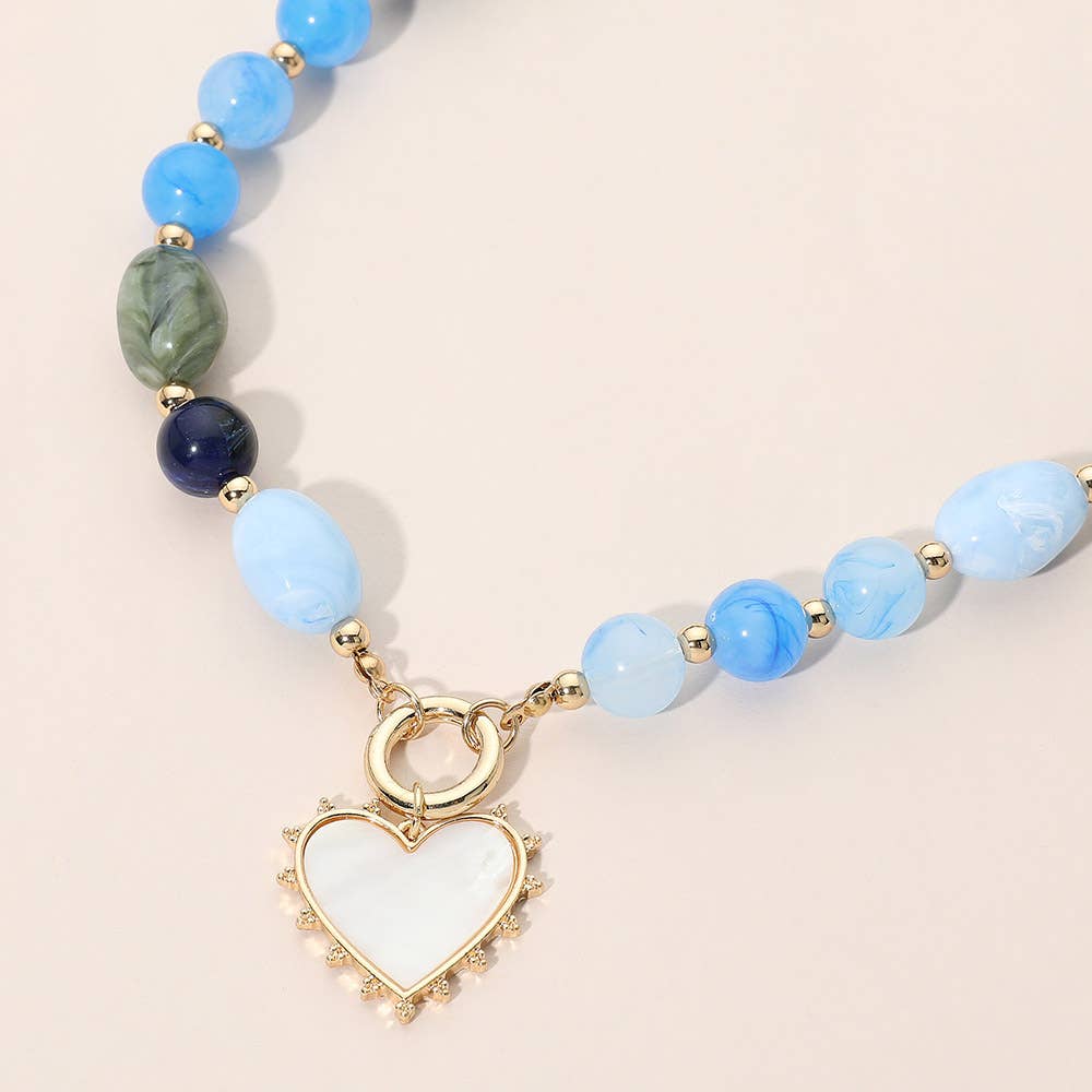 Heart Pendant Ring Accent Mixed Bead Necklace: Blue