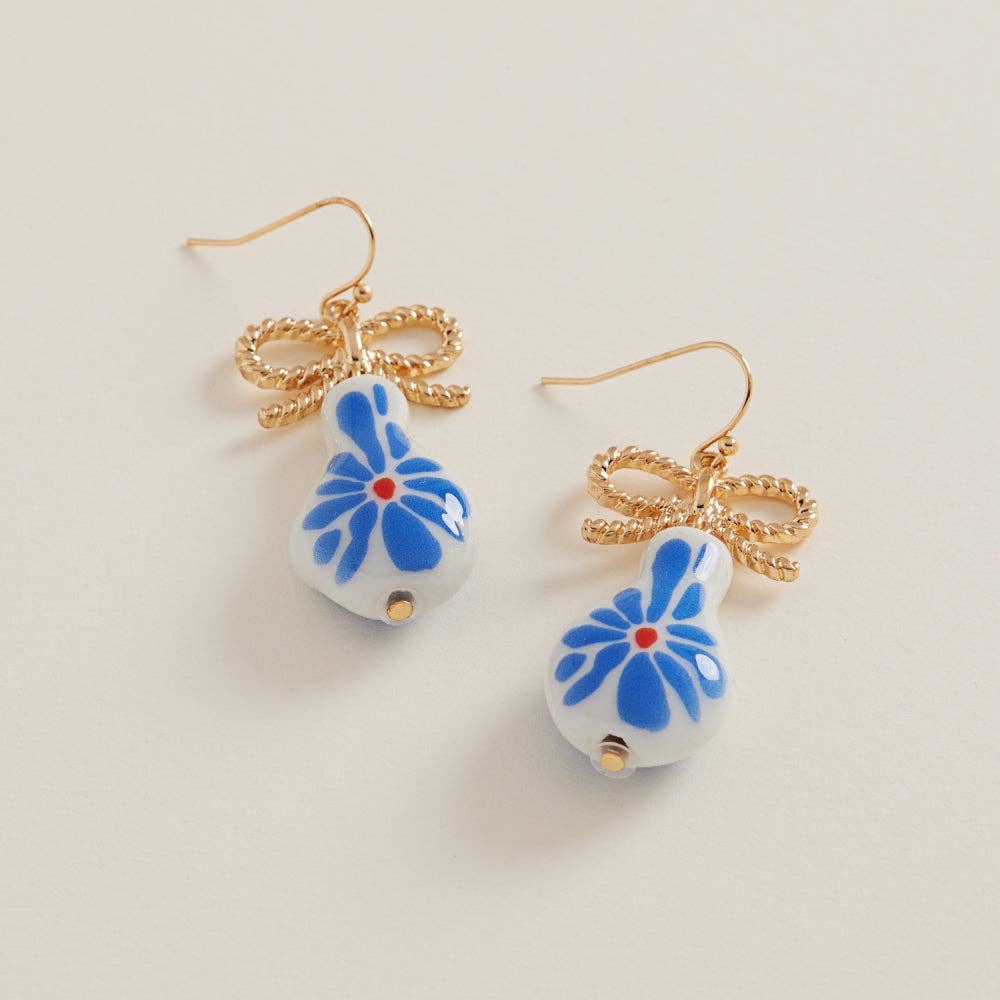 Strawberry Ceramic Bead W Metal Bow Hook Earrings: Blue / ONE