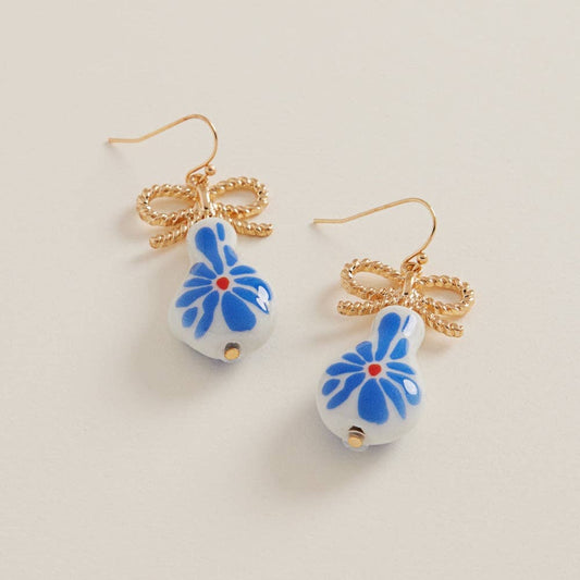 Strawberry Ceramic Bead W Metal Bow Hook Earrings: Blue / ONE