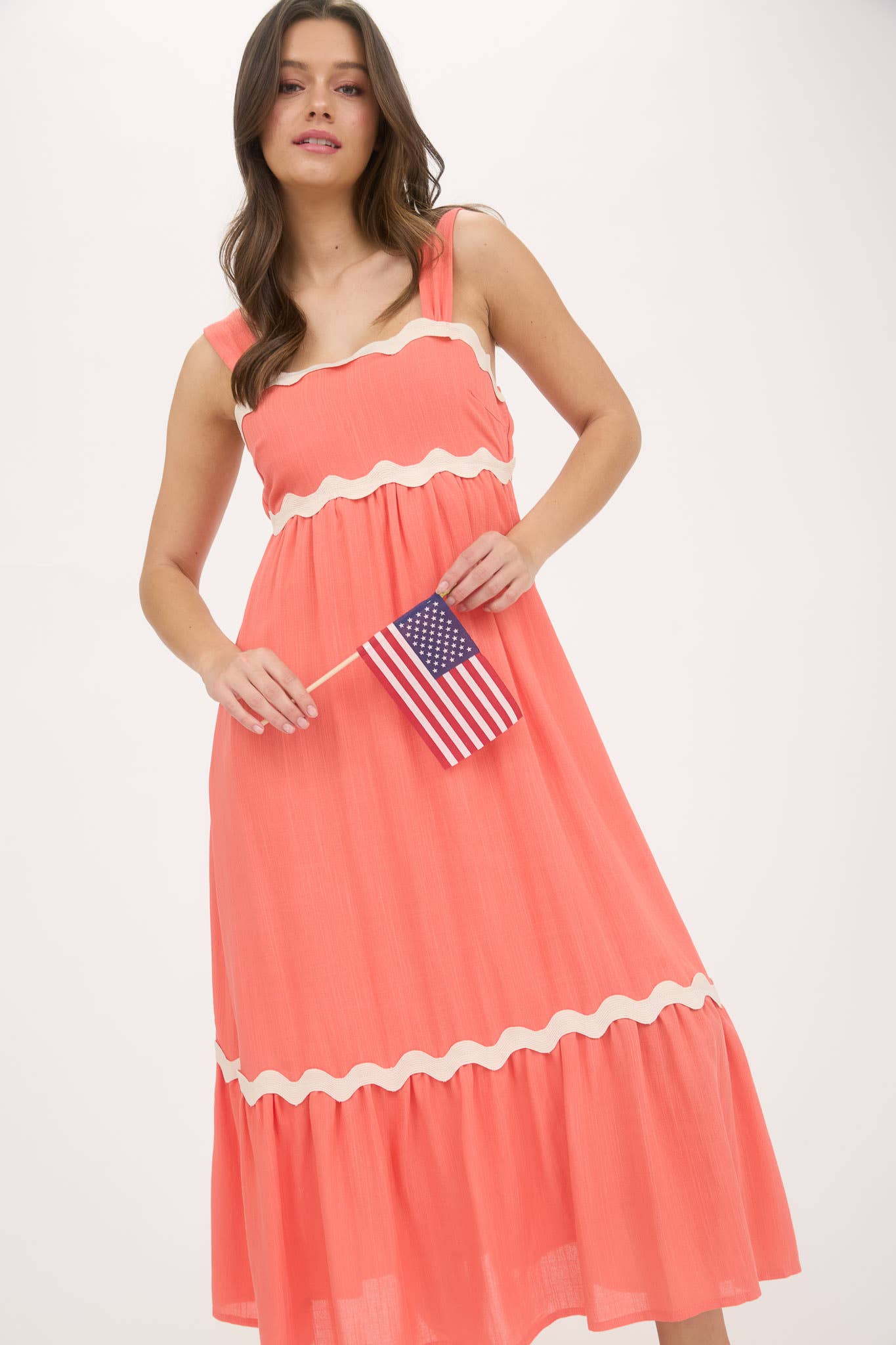 Wavy Trim Empire Waist Sleeveless Midi Dress: Coral