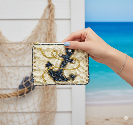 Ladies Anchor Themed Fully Beaded Coin Purse 