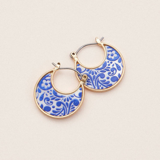 Boho-Chic Gold and Blue Mother of Pearl Floral Huggies: Blue / One /