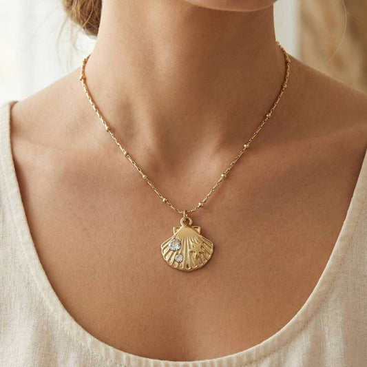 Crystal Accent Seashell Charm Pendant Necklace: G