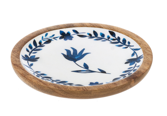 Round Blue & White Watercolor Floral Tidbit Tray- Tray 3