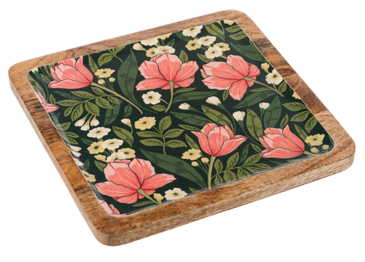 Square Green Floral Serving Tray