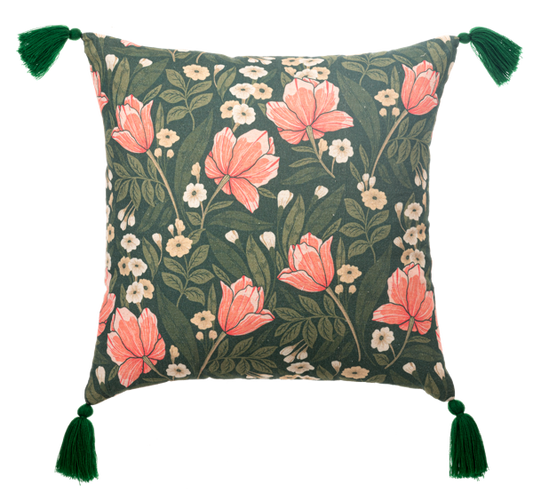 Green Floral Pattern Pillow with Tassels
