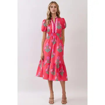 Floral Print Smocked Waist Puff Sleeve Midi Dress