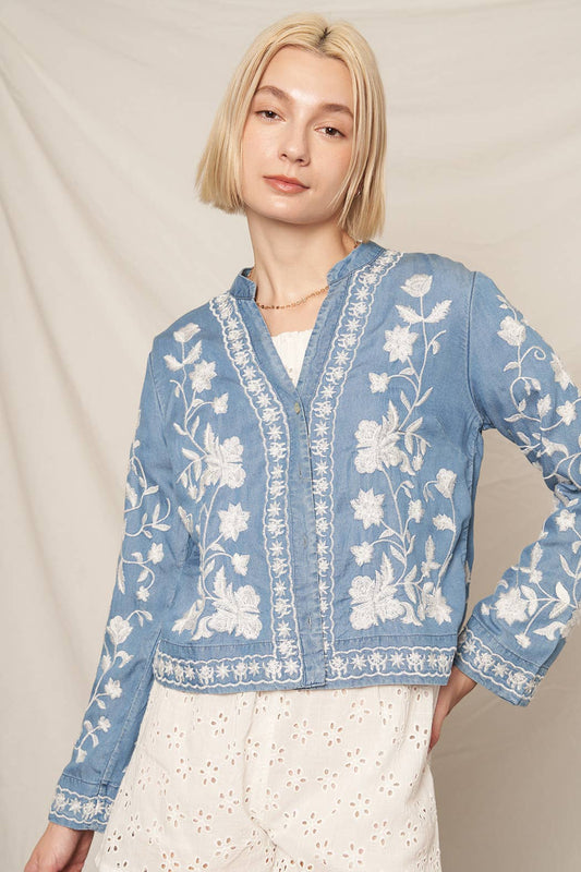 Long Sleeve Embroidered Denim Button Down Top: Denim