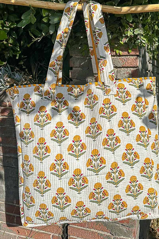 Quilted Textured Woven Printed Jumbo Tote Bag: LEMON FLORAL / OS