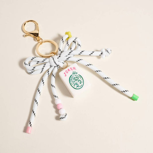 Mahjong Tile Drop Bow Knot Strap Keychain Bag Charm: White