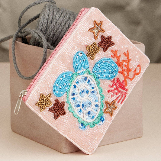 Beaded Sea Turtle Coin Purse – Ocean-Themed Zip Pouch with Coral & Starfish: Multicolor / One /