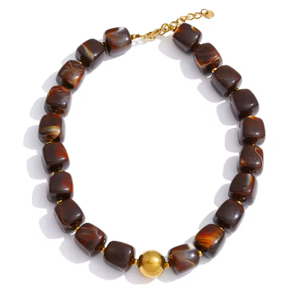 Women  Square Resin Bead Necklace With Gold Ball Detail: Dark_Coffee / M