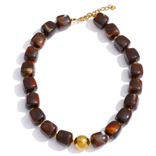Women  Square Resin Bead Necklace With Gold Ball Detail: Dark_Coffee / M