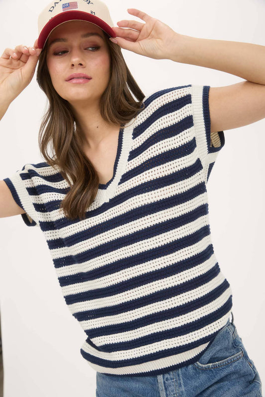 Stripe V Neck Crochet Knit Short Sleeve Sweater: Navy